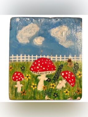 Vintage Hand Painted Toadstool Mushroom Cottagecore Landscape Wood Art Artwork